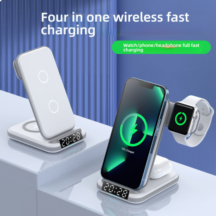 4-in-1 Wireless Charger with Clock Vertical Wireless Charging Stand for Apple Watch, Phone, and Earphones - Alibaba - Image 1