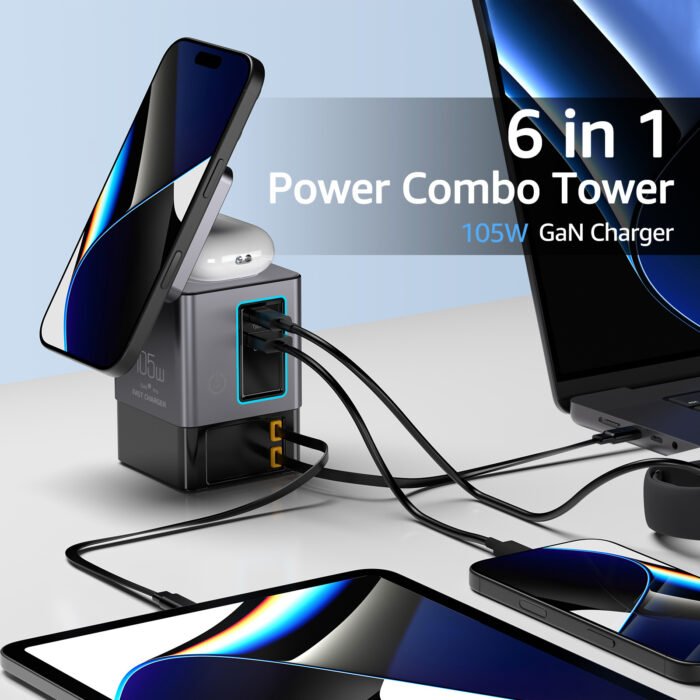 105W Dual Retractable Cable Multi-Port Desktop Charger 2-in-1 Wireless Charger with USB-C Port for Blind Plug-in 65W with LED Ambient Light - Image 1