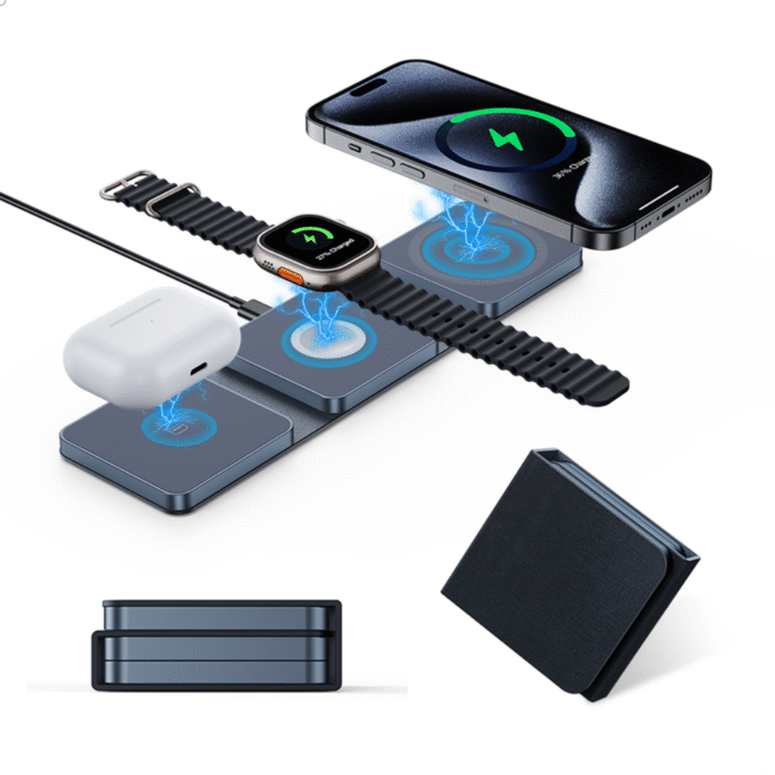 Denim Texture Folding 3-in-1 Wireless Charger for Apple Magsafe (3-in-1 Magnetic Charging Stand for iPhone, Samsung Ultra AirPods, 3-in-1, Cloth Color) - Image 1