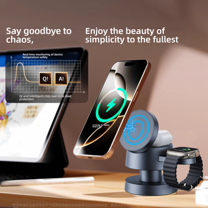 Three-in-one wireless charger suitable for Apple Watch iwatc fast charging Magsafe magnetic iPhone16 mobile phone charging base appleWatchS9 watch stand desktop night - Image 1