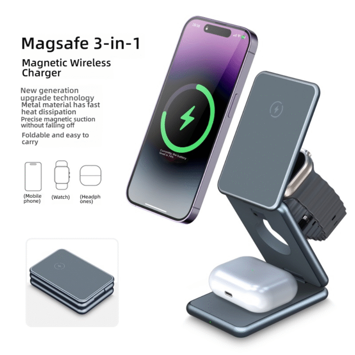 Magsafe three-in-one wireless charger magnetic bracket suitable for Apple 15 mobile phone S8 Samsung watch6 watch earphones - Image 1