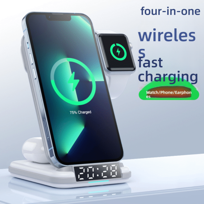 4-in-1 Wireless Charger with Clock Vertical Wireless Charging Stand for Apple Watch, Phone, and Earphones - Alibaba - Image 2