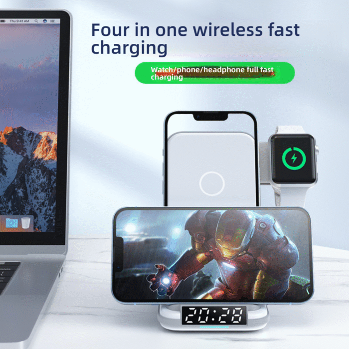 4-in-1 Wireless Charger with Clock Vertical Wireless Charging Stand for Apple Watch, Phone, and Earphones - Alibaba - Image 3