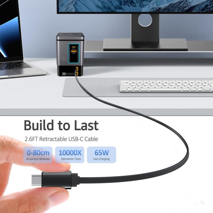 105W Dual Retractable Cable Multi-Port Desktop Charger 2-in-1 Wireless Charger with USB-C Port for Blind Plug-in 65W with LED Ambient Light - Image 5