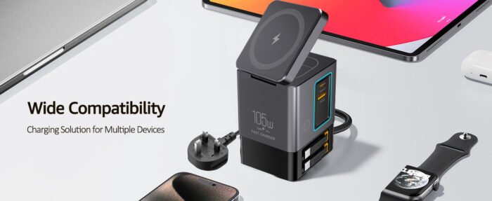 105W Dual Retractable Cable Multi-Port Desktop Charger 2-in-1 Wireless Charger with USB-C Port for Blind Plug-in 65W with LED Ambient Light - Image 2