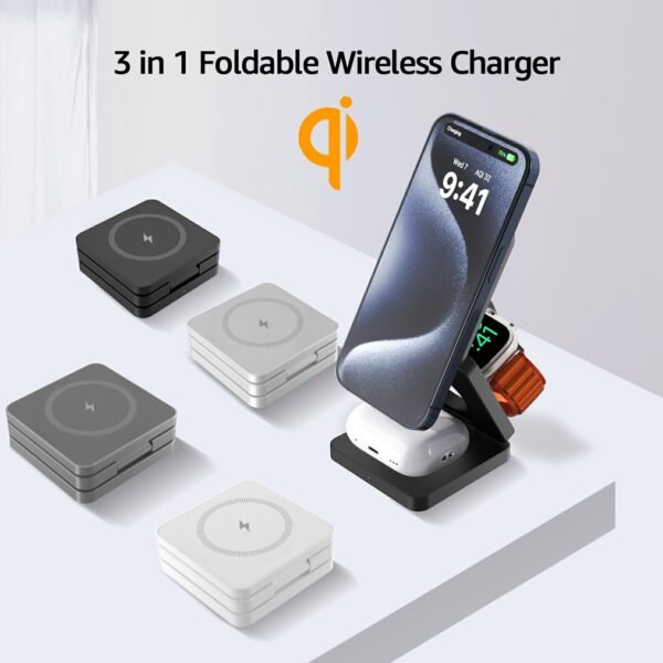 3 in 1 Wireless Charging Station Magnetic Wireless Charger,Portable Foldable Travel Essential with Nightlight Fast Charger Stand for iPhone 17 Pro Max/17 Pro/17Air/17/16/15/14/13,AirPods&Apple Watch