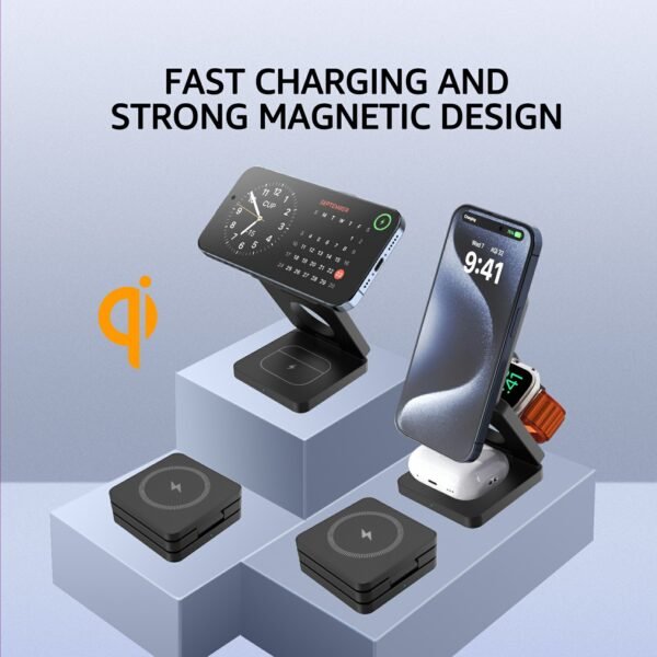 3 in 1 Wireless Charging Station Magnetic Wireless Charger,Portable Foldable Travel Essential with Nightlight Fast Charger Stand for iPhone 17 Pro Max/17 Pro/17Air/17/16/15/14/13,AirPods&Apple Watch