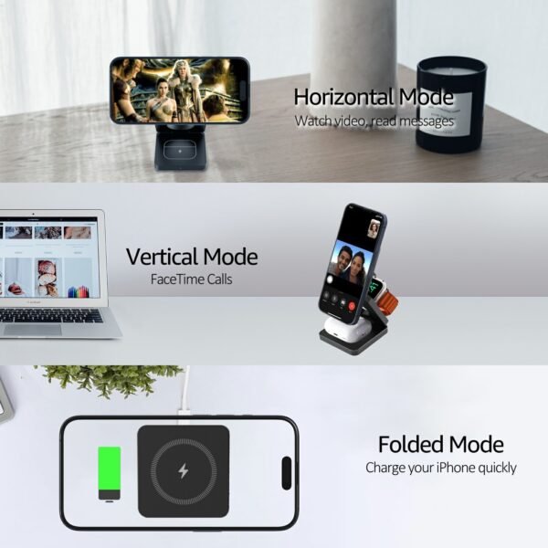 3 in 1 Wireless Charging Station Magnetic Wireless Charger,Portable Foldable Travel Essential with Nightlight Fast Charger Stand for iPhone 17 Pro Max/17 Pro/17Air/17/16/15/14/13,AirPods&Apple Watch