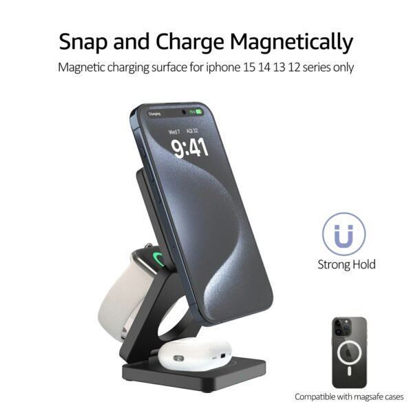 3 in 1 Wireless Charging Station Magnetic Wireless Charger,Portable Foldable Travel Essential with Nightlight Fast Charger Stand for iPhone 17 Pro Max/17 Pro/17Air/17/16/15/14/13,AirPods&Apple Watch