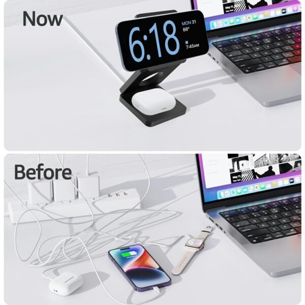 3 in 1 Wireless Charging Station Magnetic Wireless Charger,Portable Foldable Travel Essential with Nightlight Fast Charger Stand for iPhone 17 Pro Max/17 Pro/17Air/17/16/15/14/13,AirPods&Apple Watch