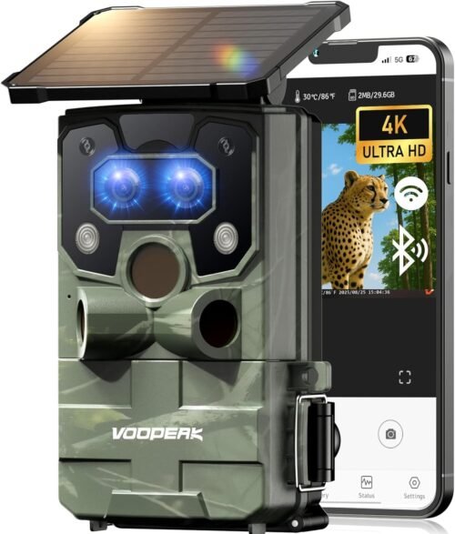 1 VOOPEAK WiFi Trail Camera, 4K Solar Game Camera Starlight Night Vision Dual Lens, 0.1s Trigger, 2” Display, IP66 Waterproof, Motion Activated Outdoor Camera for Wildlife Monitoring & Security