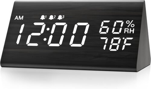 1 Digital Alarm Clock, with Wooden Electronic LED Time Display, 3 Alarm Settings, Humidity & Temperature Detect, Wood Made Electric Clocks for Bedroom, Bedside (Black)