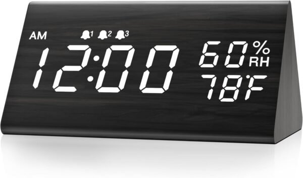 1 Digital Alarm Clock, with Wooden Electronic LED Time Display, 3 Alarm Settings, Humidity & Temperature Detect, Wood Made Electric Clocks for Bedroom, Bedside (Black)