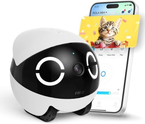 1 Enabot EBO ROLA Mini FamilyBot 2K Pet Camera Robot: Movable Indoor Camera Battery-Powered with Phone App, One-Touch Call, 2-Way Talk, Night Vision, Motion Detection, Video Recording