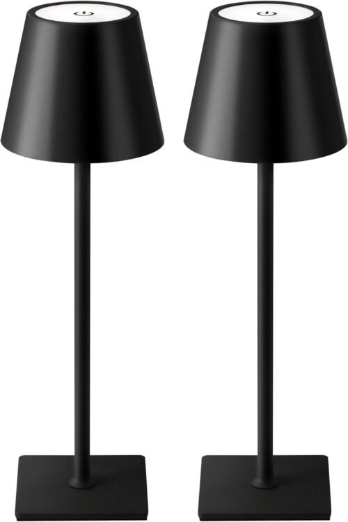 1 KDG 2 Pack Cordless Table Lamp, Portable LED Desk Lamps, 5000mAh Battery Operated, 3 Color Stepless Dimming Up, for Restaurant, Bedroom, Outdoor Camping, Coffee Shop, Night Light, Rechargeable (Black)
