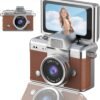 Digital Camera with Flip Screen, Retro Y2K Mini Keychain Camera, Compact Digital Camera with 180° Rotating Screen, Beauty Filter & Image Stabilization, Gift Camera (Brown)