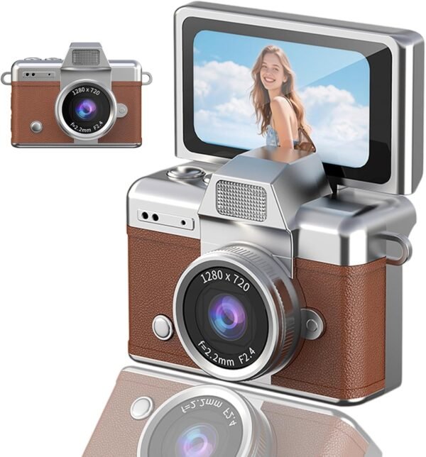 Digital Camera with Flip Screen, Retro Y2K Mini Keychain Camera, Compact Digital Camera with 180° Rotating Screen, Beauty Filter & Image Stabilization, Gift Camera (Brown)