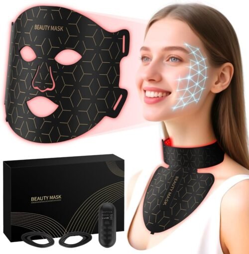 Red Light Therapy Mask for Face & Neck – 4 Light Modes with 850nm NIR, Red, Yellow & Blue LED Light Therapy, 2600mAh Rechargeable LED Face Mask for Anti-Aging, Skin Firming & Radiant Glow at Home