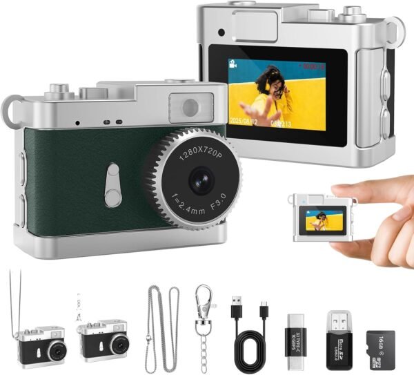 Keychain Camera, 16GB Mini Digital Camera with Built-in Flash & Retro Filters, Pocket Mini Camera for Travel, Vlogging, Birthday Gift for Friends