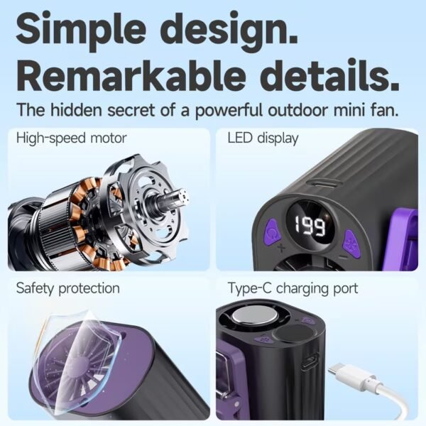 MUXNW Mini Turbo Jet Fan: Portable Small Pocket Handheld Personal Rechargeable Battery Operated USB Charger Keeping Cool In Hot Weather For Travel Beach (Gray)