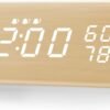 10 Digital Alarm Clock, with Wooden Electronic LED Time Display, 3 Alarm Settings, Humidity & Temperature Detect, Wood Made Electric Clocks for Bedroom, Bedside (Black)
