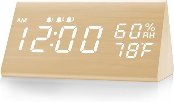 10 Digital Alarm Clock, with Wooden Electronic LED Time Display, 3 Alarm Settings, Humidity & Temperature Detect, Wood Made Electric Clocks for Bedroom, Bedside (Black)