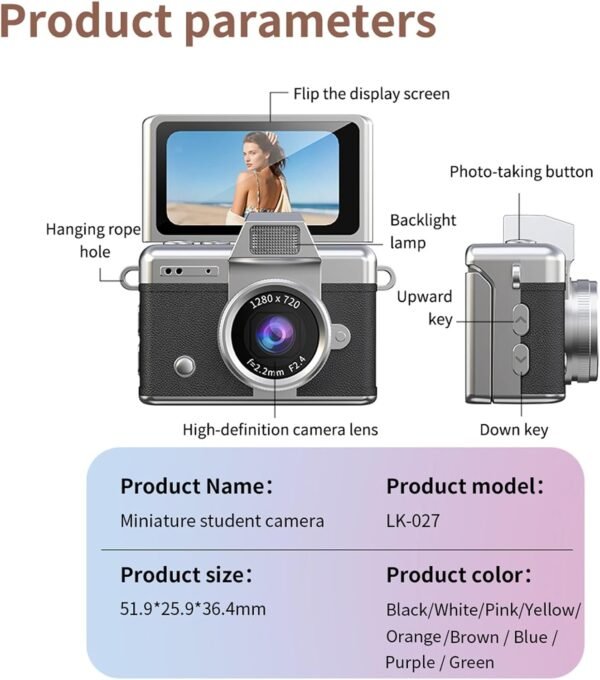 Digital Camera with Flip Screen, Retro Y2K Mini Keychain Camera, Compact Digital Camera with 180° Rotating Screen, Beauty Filter & Image Stabilization, Gift Camera (Brown)