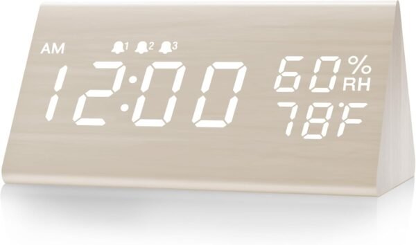 11 Digital Alarm Clock, with Wooden Electronic LED Time Display, 3 Alarm Settings, Humidity & Temperature Detect, Wood Made Electric Clocks for Bedroom, Bedside (Black)