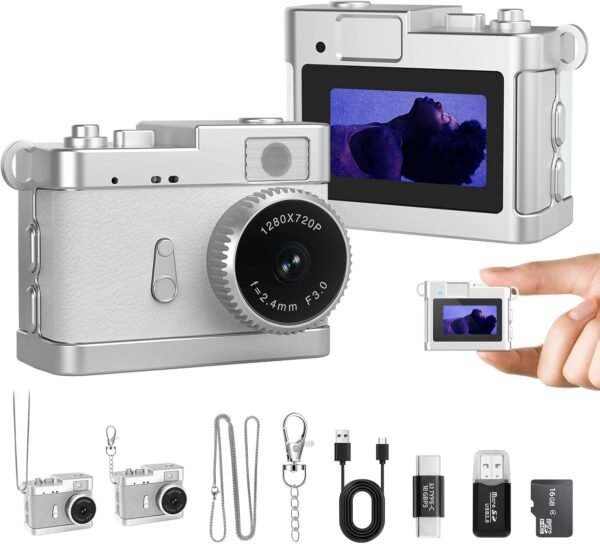 Keychain Camera, 16GB Mini Digital Camera with Built-in Flash & Retro Filters, Pocket Mini Camera for Travel, Vlogging, Birthday Gift for Friends