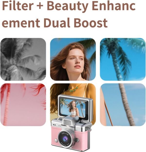 Digital Camera with Flip Screen, Retro Y2K Mini Keychain Camera, Compact Digital Camera with 180° Rotating Screen, Beauty Filter & Image Stabilization, Gift Camera (Brown)