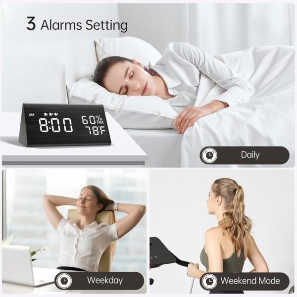 2 Digital Alarm Clock, with Wooden Electronic LED Time Display, 3 Alarm Settings, Humidity & Temperature Detect, Wood Made Electric Clocks for Bedroom, Bedside (Black)