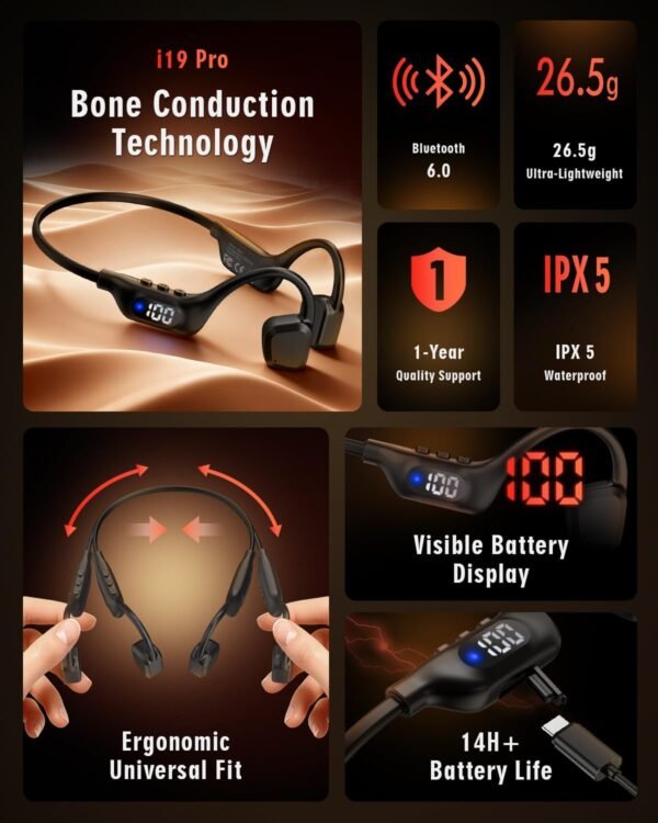 Bone Conduction Headphones, 14H Playtime Bluetooth 6.0 Open-Ear Earbuds with Mic, IPX5 Waterproof Lightweight Headset, Wireless Sport Earphones for Running, Cycling, Gym Workouts(Black