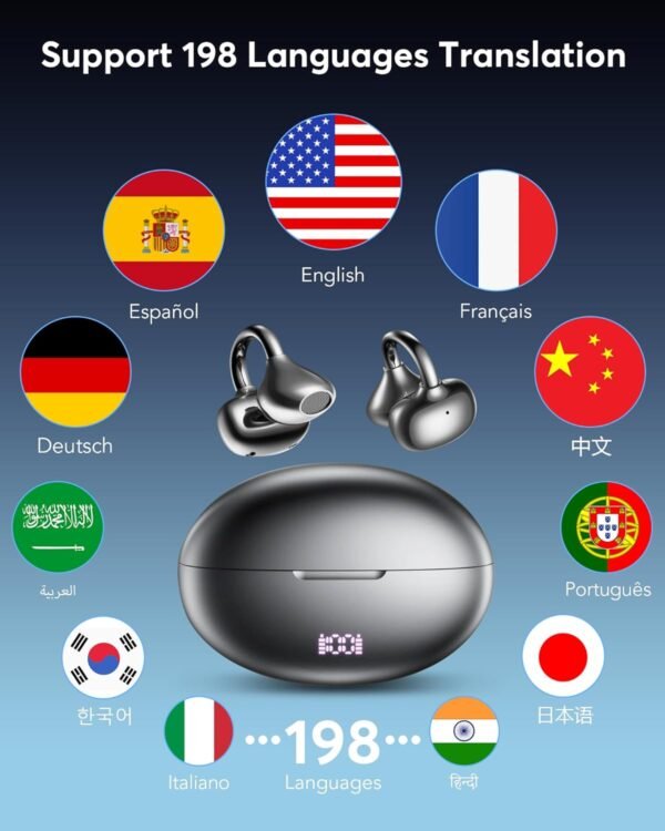 AI Translation Earbuds Real Time 198 Languages 80H Playtime Translator EarBuds Audifonos Traductores Inglés Español Wireless Earphones Bluetooth Headphones for Travel Business Meeting Learning Black