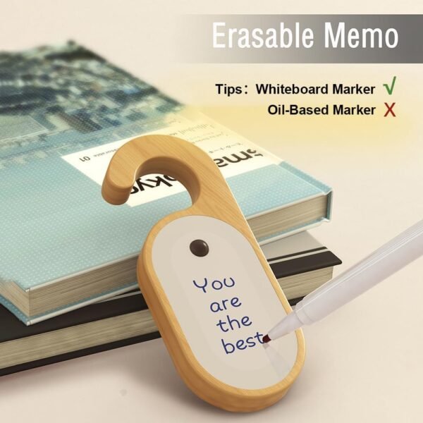 Hotel Door Sign Night Light with Motion Sensor, Reusable Message Board Doorknob Lamp, Wooden Finish LED Light for Bedroom Bathroom, Rechargeable Hook Design, 1-Pack