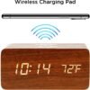 Alarm Clock with Qi Wireless Charging Pad Compatible with iPhone Samsung Wood LED Digital Clock Sound Control Function, Time Date, Temperature Display for Bedroom Office Home- Brown