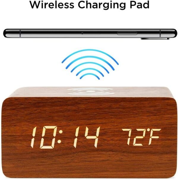 Alarm Clock with Qi Wireless Charging Pad Compatible with iPhone Samsung Wood LED Digital Clock Sound Control Function, Time Date, Temperature Display for Bedroom Office Home- Brown