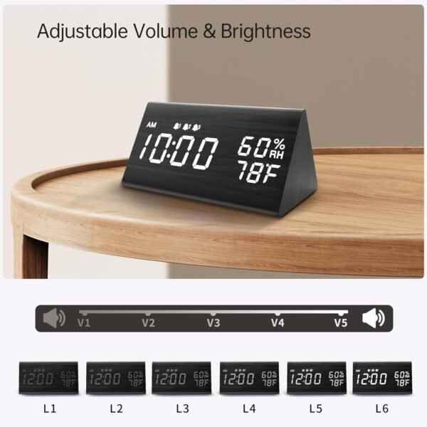 3 Digital Alarm Clock, with Wooden Electronic LED Time Display, 3 Alarm Settings, Humidity & Temperature Detect, Wood Made Electric Clocks for Bedroom, Bedside (Black)