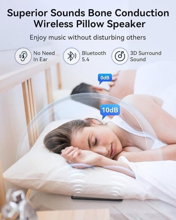 Under Pillow Speakers for Sleeping Bluetooth, Bone Conduction Technology, 3D White Noise Generator, Volume Control & Sleep Timer, TF Card Support Side Sleeper Friendly