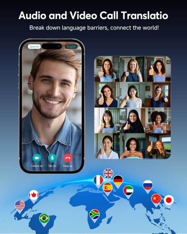AI Translation Earbuds Real Time 198 Languages 80H Playtime Translator EarBuds Audifonos Traductores Inglés Español Wireless Earphones Bluetooth Headphones for Travel Business Meeting Learning Black