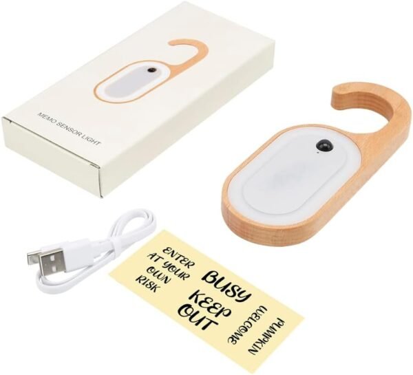 Hotel Door Sign Night Light with Motion Sensor, Reusable Message Board Doorknob Lamp, Wooden Finish LED Light for Bedroom Bathroom, Rechargeable Hook Design, 1-Pack