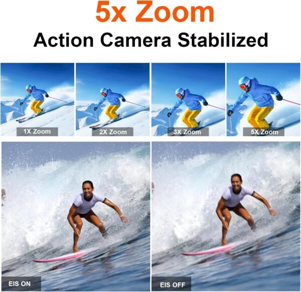 Action Camera 5K 30FPS 20MP Waterproof Camera 100FT Underwater EIS Sports Cam with Touch Screen, 170° Wide Angle, Remote Control, WiFi, 5X Zoom for Snorkeling, Diving, Cycling, and Vlogging