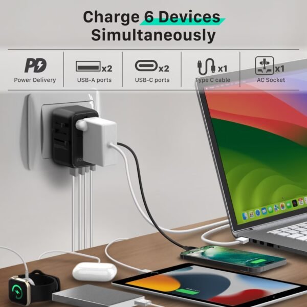 35W GaN Universal Travel Adapter,5 in1 International Power Adapter European Travel Plug Adapter with Retractable Type-C Fast Charging Station for EU/UK/US/A