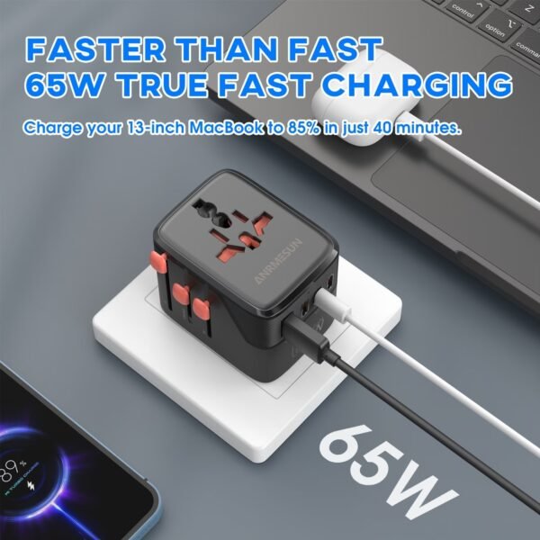 Universal Travel Adapter GaN 65W Fast Charger, 3 USB-C (Each 65W) & 1 USB-A (PD 45W), 2500W AC Outlet, International Power Adapter for Europe, UK, US, Australia, Worldwide Travel Plug Adapter