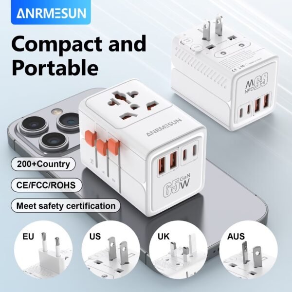 TESSAN Universal Travel Adapter, 65W GaN International Plug Adaptor with 4 USB(2 USB C) Charging Ports, Worldwide Power Outlet for US to European EU UK AUS Ireland(Type C/G/A/I)