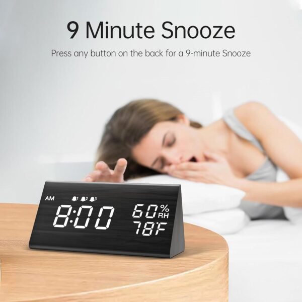 4 Digital Alarm Clock, with Wooden Electronic LED Time Display, 3 Alarm Settings, Humidity & Temperature Detect, Wood Made Electric Clocks for Bedroom, Bedside (Black)