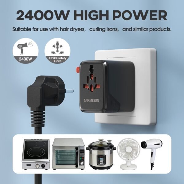 Universal Travel Adapter GaN 65W Fast Charger, 3 USB-C (Each 65W) & 1 USB-A (PD 45W), 2500W AC Outlet, International Power Adapter for Europe, UK, US, Australia, Worldwide Travel Plug Adapter