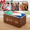Alarm Clock with Qi Wireless Charging Pad Compatible with iPhone Samsung Wood LED Digital Clock Sound Control Function, Time Date, Temperature Display for Bedroom Office Home- Brown