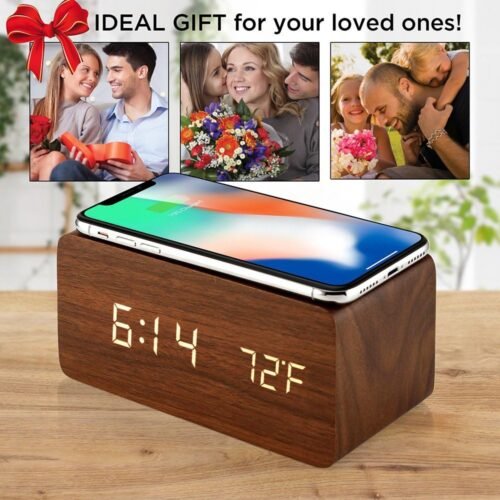 Alarm Clock with Qi Wireless Charging Pad Compatible with iPhone Samsung Wood LED Digital Clock Sound Control Function, Time Date, Temperature Display for Bedroom Office Home- Brown