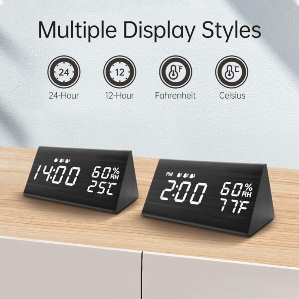 5 Digital Alarm Clock, with Wooden Electronic LED Time Display, 3 Alarm Settings, Humidity & Temperature Detect, Wood Made Electric Clocks for Bedroom, Bedside (Black)