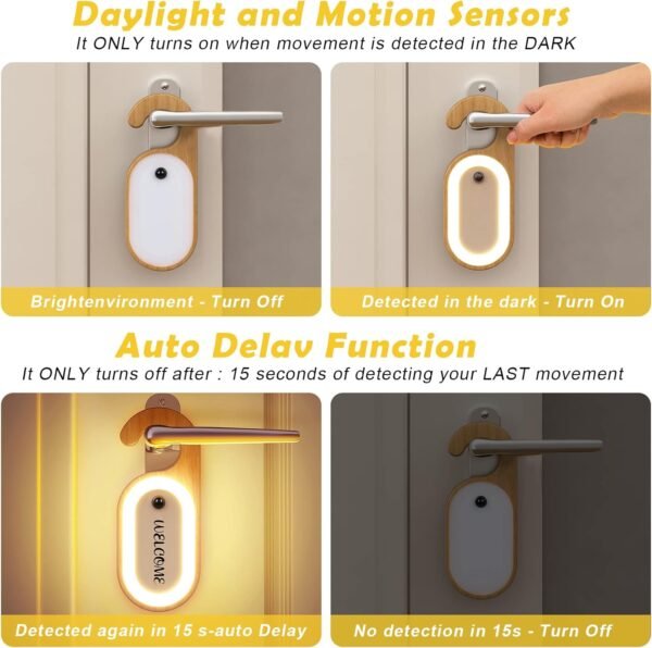 Hotel Door Sign Night Light with Motion Sensor, Reusable Message Board Doorknob Lamp, Wooden Finish LED Light for Bedroom Bathroom, Rechargeable Hook Design, 1-Pack